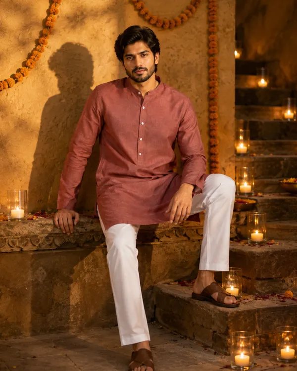 100%_Linen_Rust_Pink_Straight_Kurta_for_Men