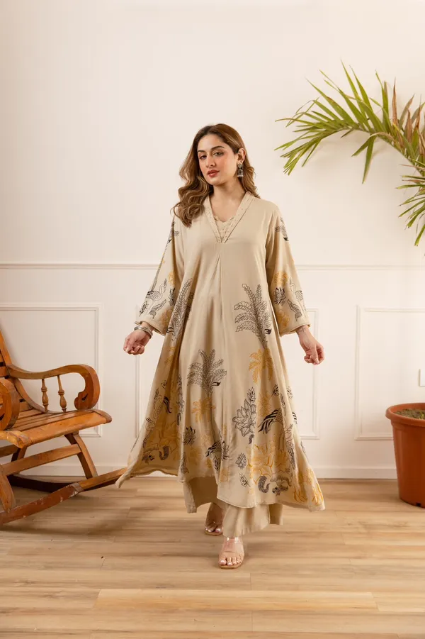 Beige_German_Rayon_Printed_Kurta_Set_For_Women