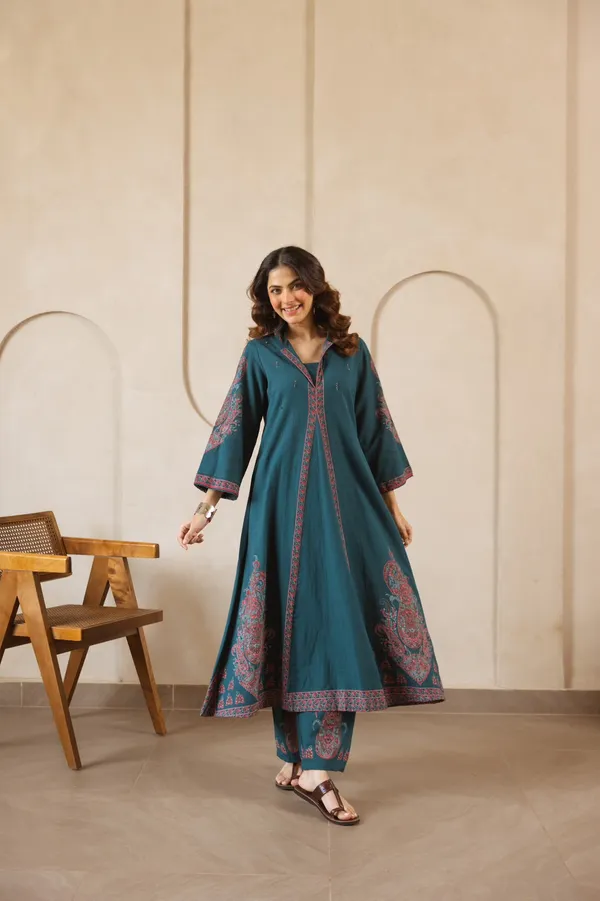 Teal_German_Rayon_Embroidered_Kurta_Set_For_Women