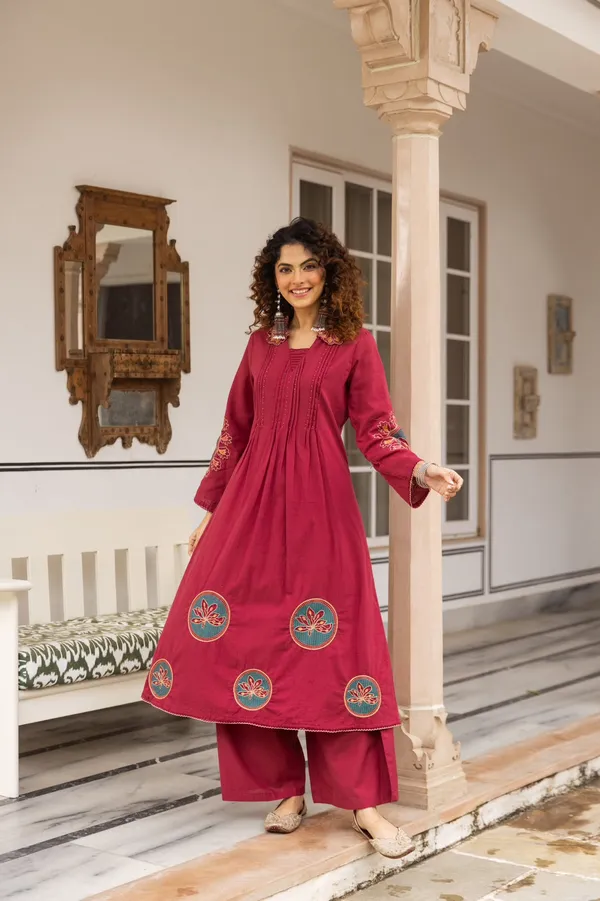 Maroon_German_Rayon_Embroidered_Kurta_With_Palazzo_For_Women