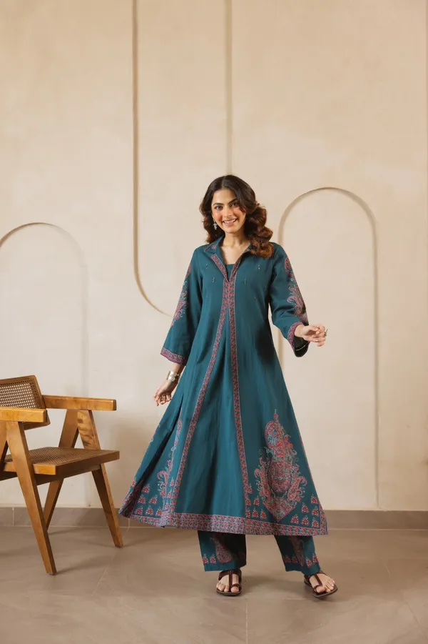 Teal_German_Rayon_Embroidered_Kurta_Set_For_Women