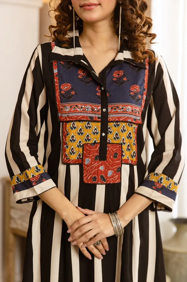 Black_And_White_German_Rayon_Vertical_Stripes_With_Floral_Print_Anarkali_Kurta_For_Women