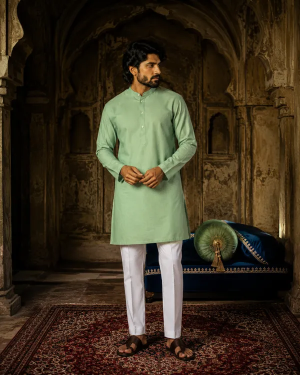 100%_Linen_Green_Straight_Fit_Kurta_for_Men