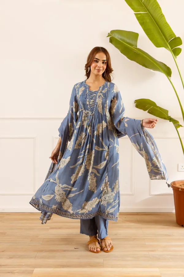Blue_Mul-Chanderi_Floral_Printed_Kurta_Set_For_Women