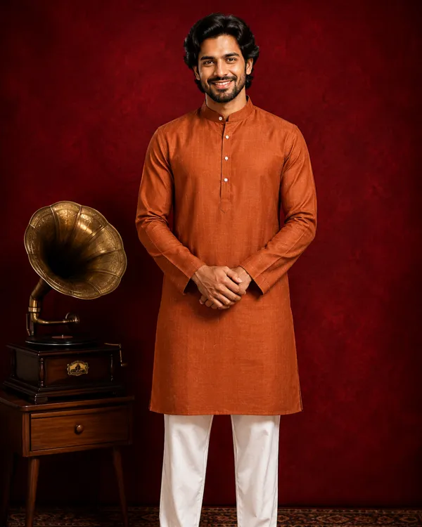 100%_Linen_Orange_Straight_Kurta_for_Men