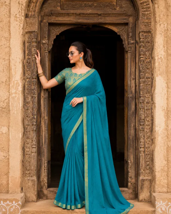 Teal_Printed_Saree_With_Gold_Border_for_Women