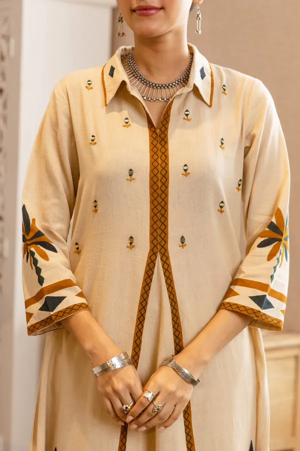 Beige_German_Rayon_Geometric_Print_With_Embroidery_A-Line_Kurta_For_Women