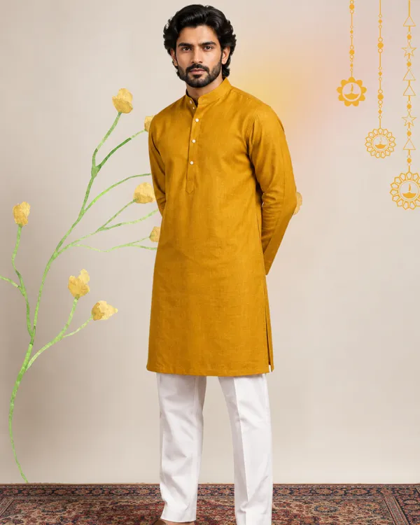 100%_Linen_Mustard_Straight_Fit_Kurta_for_Men