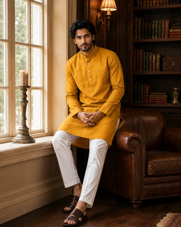 100%_Linen_Mustard_Straight_Fit_Kurta_for_Men