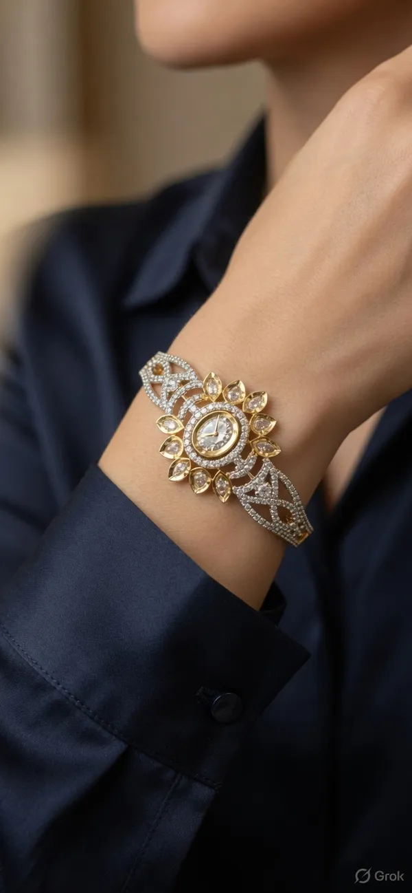 Tone_Floral_Crystal_Embellished_Bracelet_Watch_For_Women