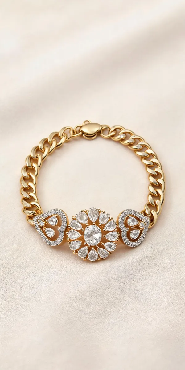 Plated_Cubic_Zirconia_Heart_And_Floral_Bracelet_For_Women