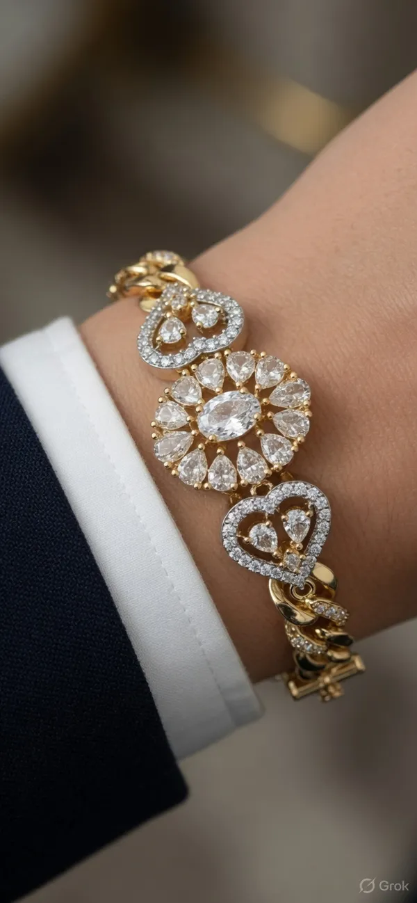 Plated_Cubic_Zirconia_Heart_And_Floral_Bracelet_For_Women