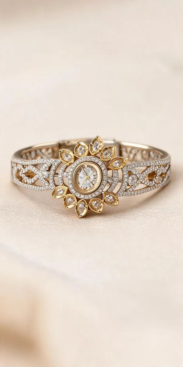 Tone_Floral_Crystal_Embellished_Bracelet_Watch_For_Women
