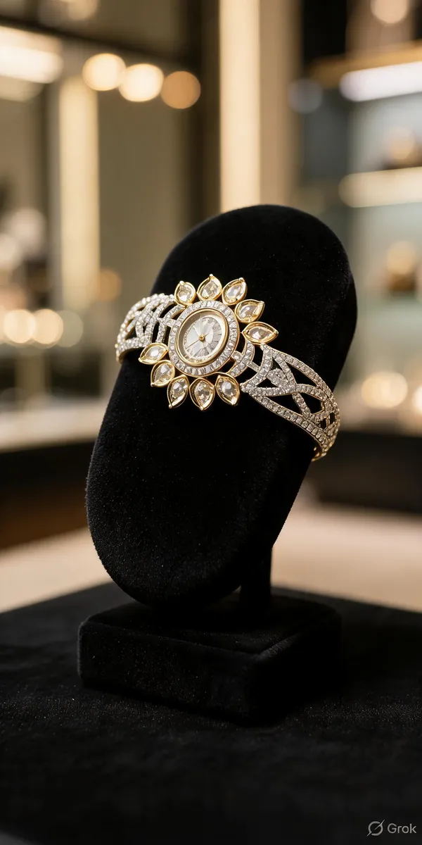 Tone_Floral_Crystal_Embellished_Bracelet_Watch_For_Women