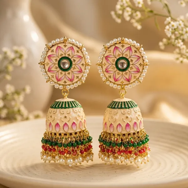 Peach_Gold_Brass_Meenakari_Dome_Pearl_Jhumka_Earrings_For_Women