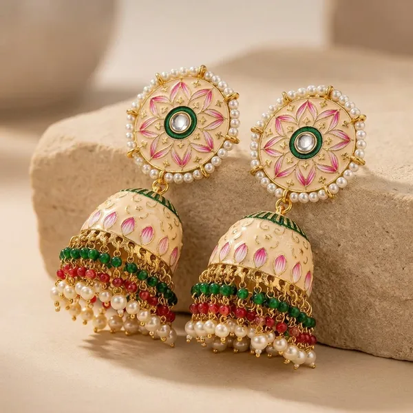 Peach_Gold_Brass_Meenakari_Dome_Pearl_Jhumka_Earrings_For_Women