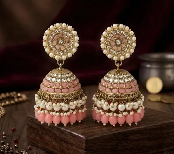 Peach_Brass_Antique_Gold_Pink_Beaded_Pearl_Jhumka_Earrings_For_Women