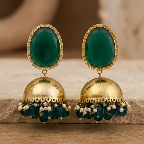 Multicolor_Brass_Green_Stone_Gold_Jhumka_Earrings_For_Women
