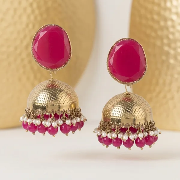Multicolor_Brass_Oxidised_Gold_Pink_Stone_Jhumka_Earrings_For_Women