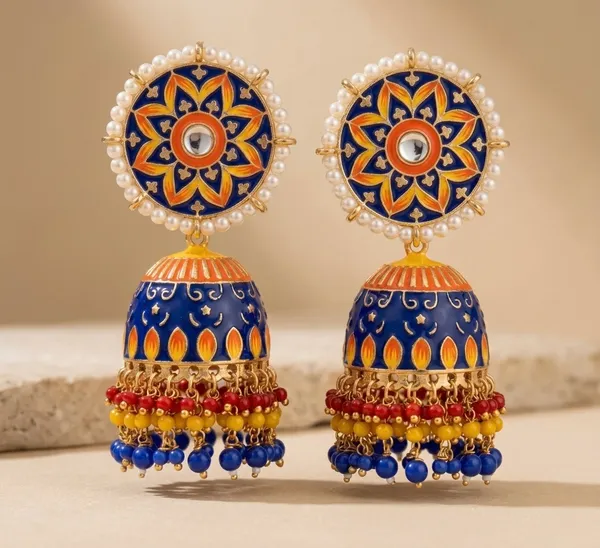 Navy_Blue_Orange_Brass_Meenakari_Dome_Pearl_Jhumka_Earrings_For_Women
