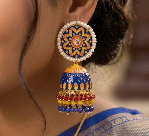 Navy_Blue_Orange_Brass_Meenakari_Dome_Pearl_Jhumka_Earrings_For_Women