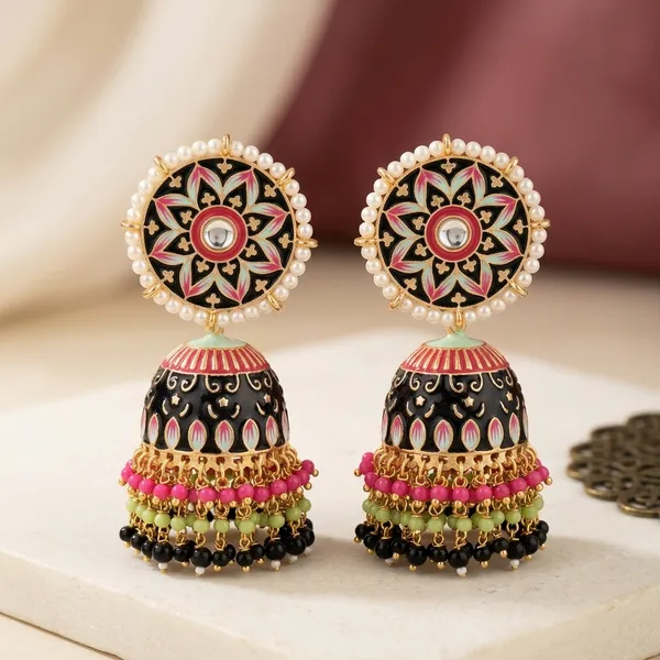 Black_Brass_Meenakari_Dome_Pearl_Jhumka_Earrings_For_Women