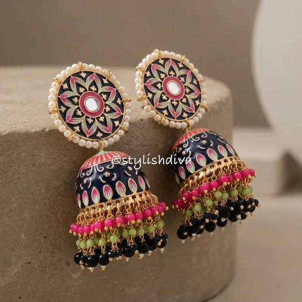 Black_Brass_Meenakari_Dome_Pearl_Jhumka_Earrings_For_Women