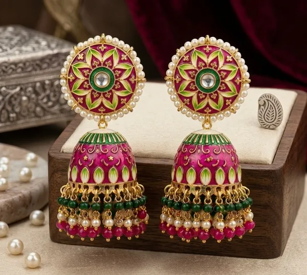 Magenta_Meenakari_Dome_Pearl_Jhumka_Earrings_For_Women