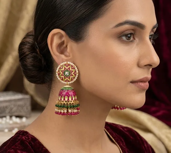 Magenta_Meenakari_Dome_Pearl_Jhumka_Earrings_For_Women