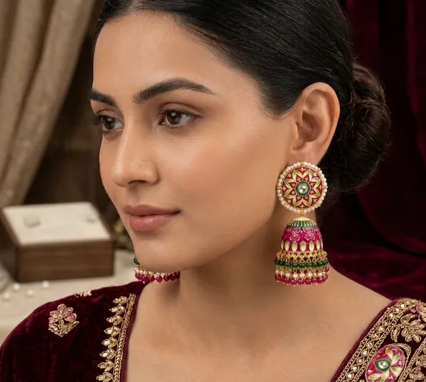 Magenta_Meenakari_Dome_Pearl_Jhumka_Earrings_For_Women