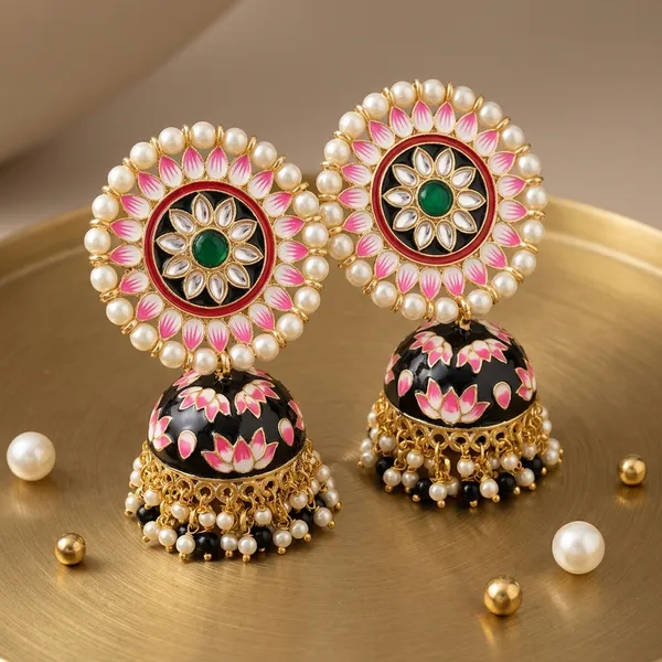 black_Brass_Meenakari_Pearl_Green_Stone_Jhumka_Earrings_For_Women