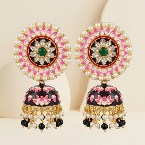 black_Brass_Meenakari_Pearl_Green_Stone_Jhumka_Earrings_For_Women