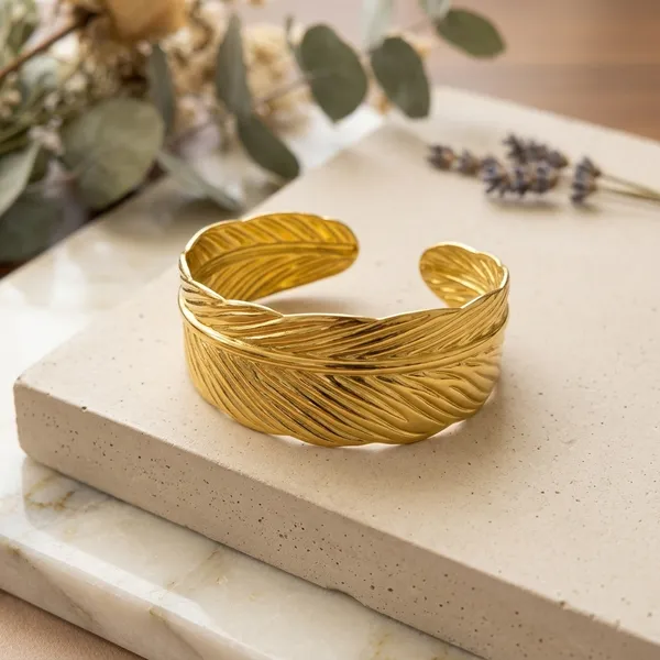Gold_Stainless_Steel_Feather_Design_Open_Cuff_Bracelet_For_Women