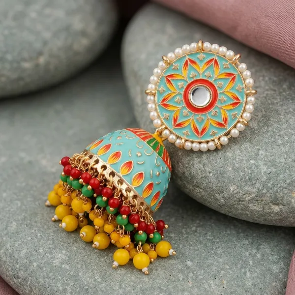 Turquoise_Brass_Meenakari_Dome_Pearl_Bead_Dangler_Jhumka_Earrings_For_Women