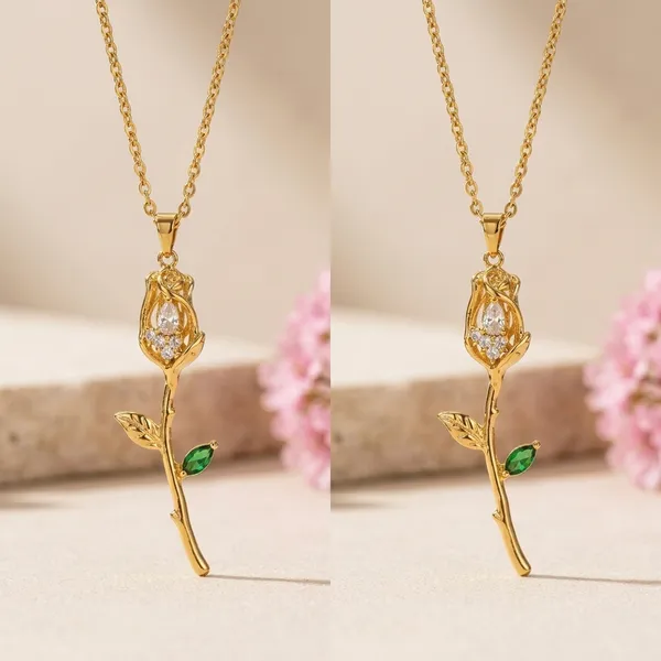 White_Gold_Stainless_Steel_Rose_Pendant_Green_Stone_Chain_For_Women
