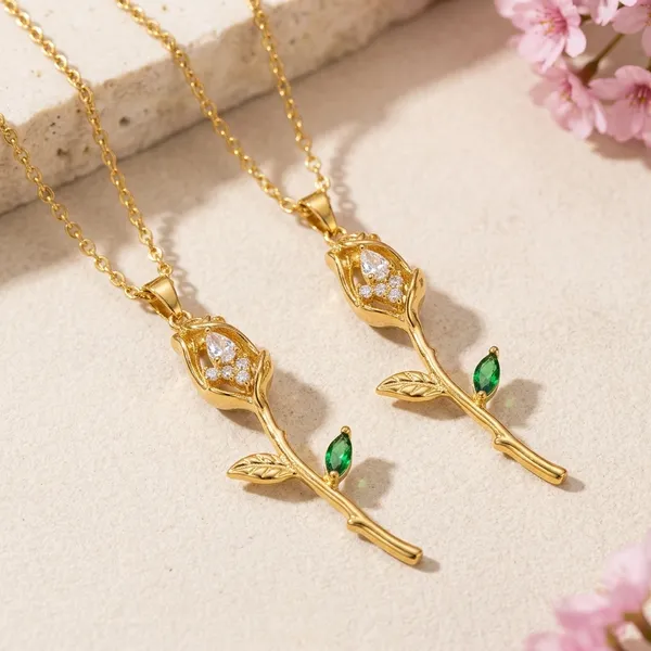 White_Gold_Stainless_Steel_Rose_Pendant_Green_Stone_Chain_For_Women