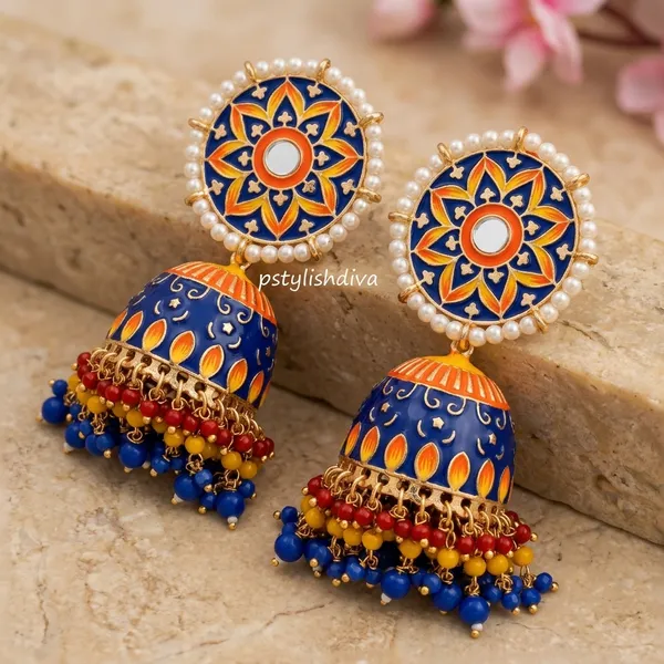 Navy_Blue_Orange_Brass_Meenakari_Dome_Pearl_Jhumka_Earrings_For_Women