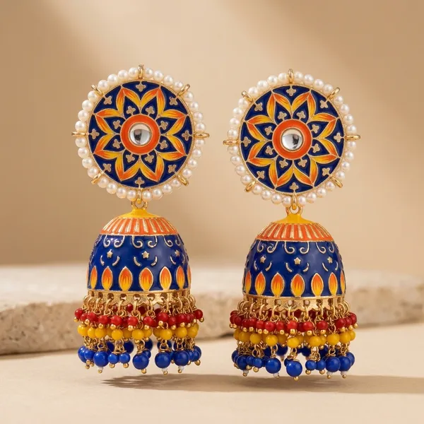 Navy_Blue_Orange_Brass_Meenakari_Dome_Pearl_Jhumka_Earrings_For_Women