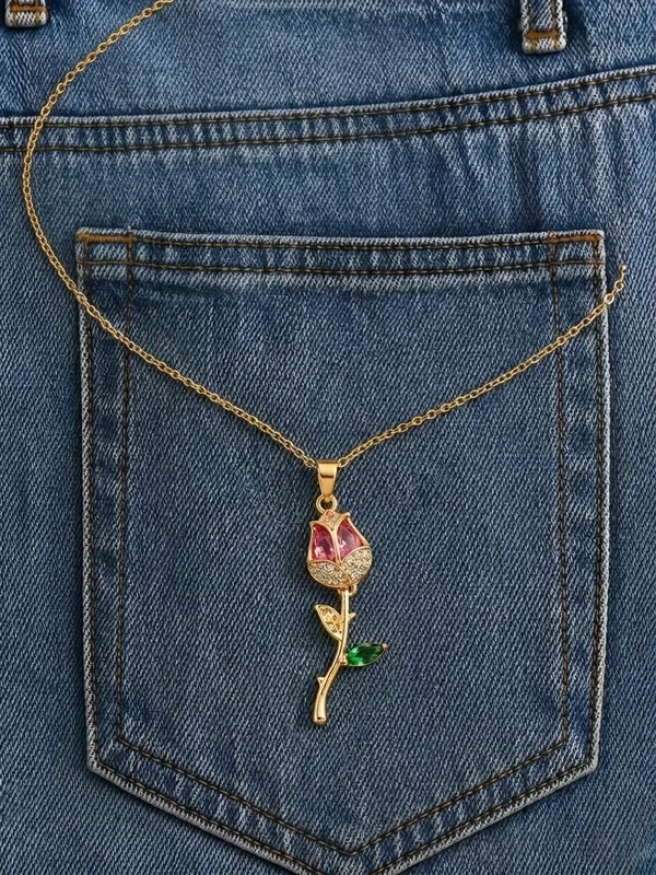 Gold_Stainless_Steel_Rose_Pendant_Pink_Green_Crystal_Chain_For_Women
