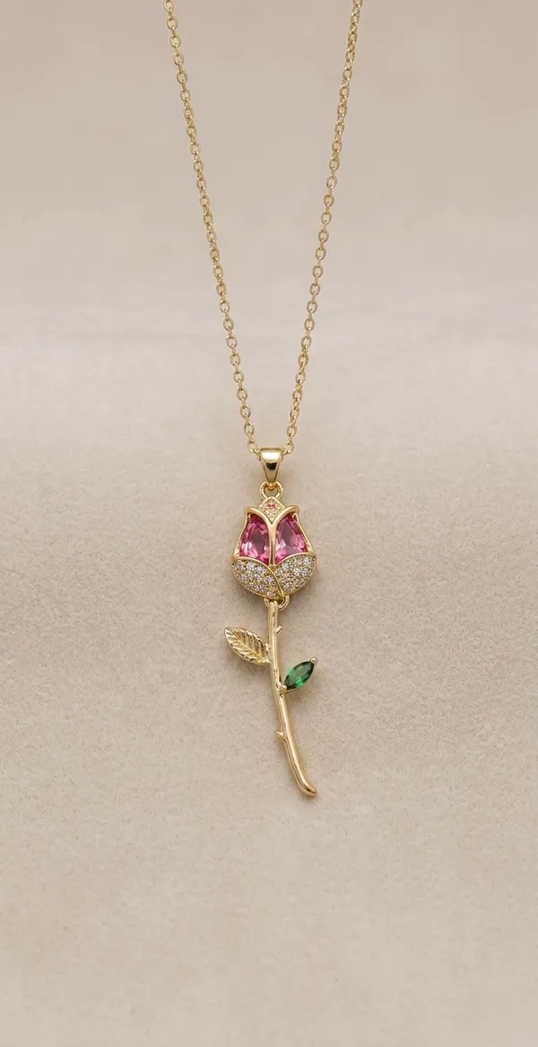 Gold_Stainless_Steel_Rose_Pendant_Pink_Green_Crystal_Chain_For_Women
