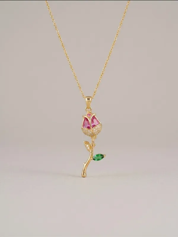Gold_Stainless_Steel_Rose_Pendant_Pink_Green_Crystal_Chain_For_Women