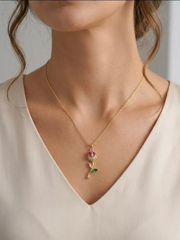 Gold_Stainless_Steel_Rose_Pendant_Pink_Green_Crystal_Chain_For_Women