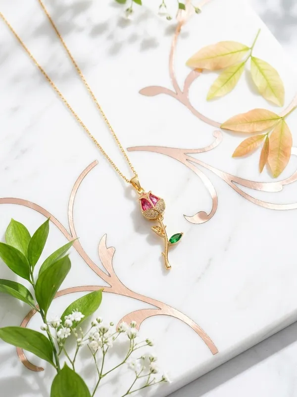 Gold_Stainless_Steel_Rose_Pendant_Pink_Green_Crystal_Chain_For_Women