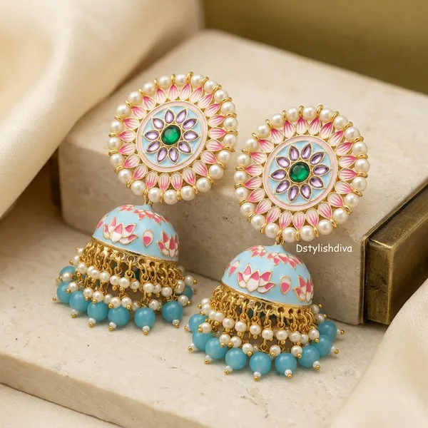 Gold_Tone_Brass_Meenakari_Turquoise_Pearl_Jhumka_Earrings_For_Women