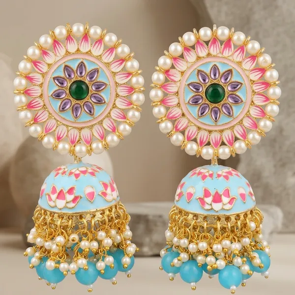 Gold_Tone_Brass_Meenakari_Turquoise_Pearl_Jhumka_Earrings_For_Women