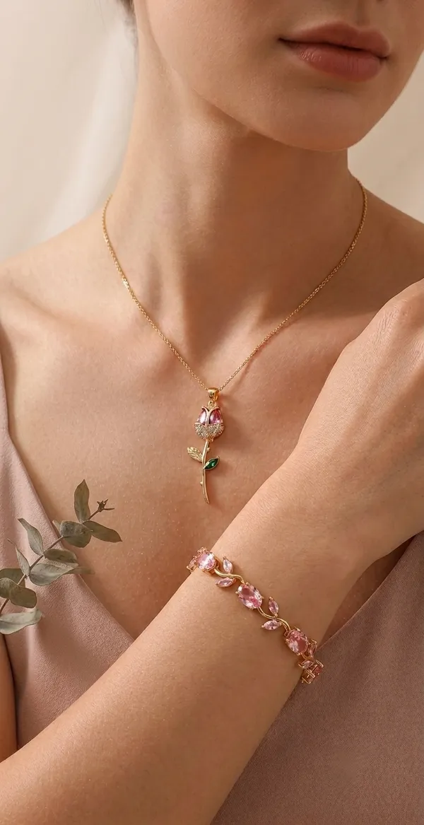 Combo_Pink_Stone_Leaf_Bracelet_&_Rose_Necklace_for_Women