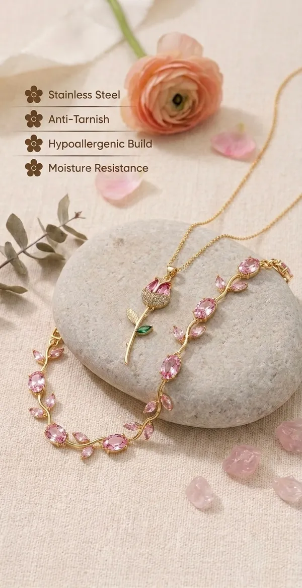 Combo_Pink_Stone_Leaf_Bracelet_&_Rose_Necklace_for_Women