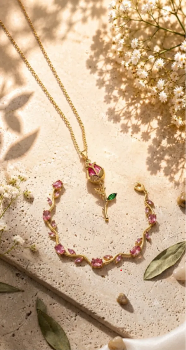 Combo_Pink_Stone_Leaf_Bracelet_&_Rose_Necklace_for_Women