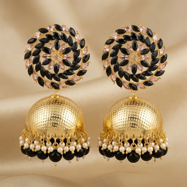 Black_Pink_Brass_Gold_Plated_Stone_Jhumka_Earrings_For_Women