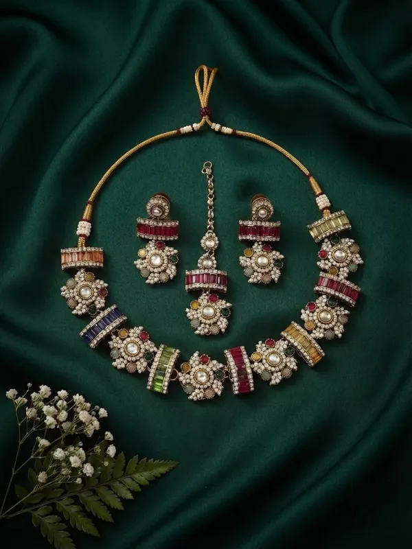 Multi_Trayi_Premium_Sabya_Inspired_Necklace_Set_with_Earring_&_Teeka